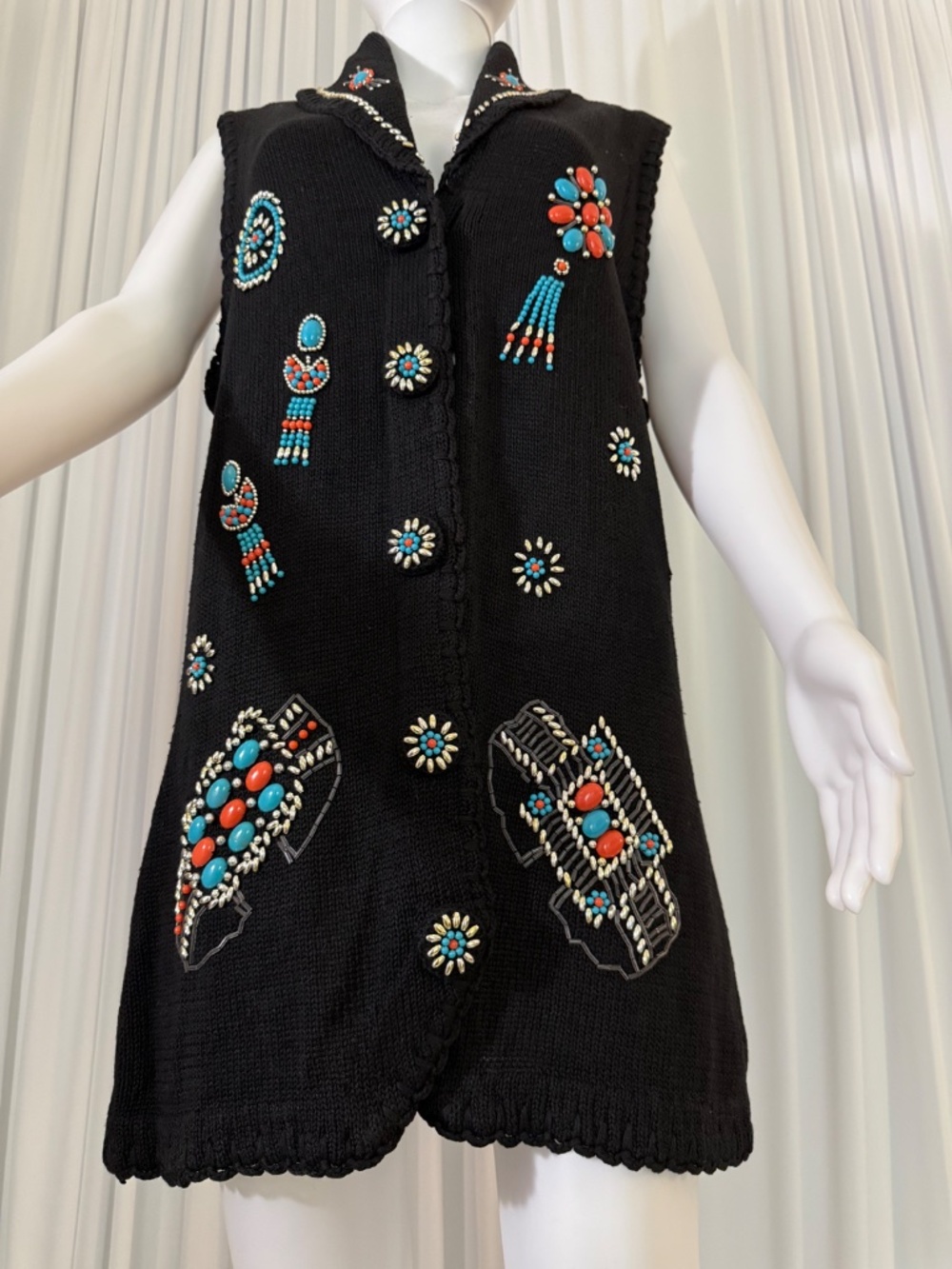 Victoria Jones Beaded Southwestern Sweater Vest Tunic Black Medium Boho Western - Picture 6 of 16